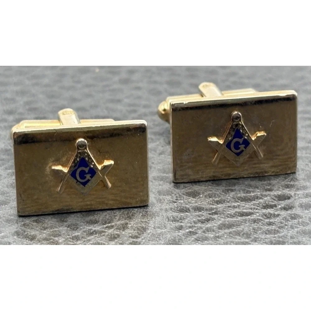 Vintage Flex-Let Masonic Free Mason Symbol Blue Enamel Cufflinks Gold Tone